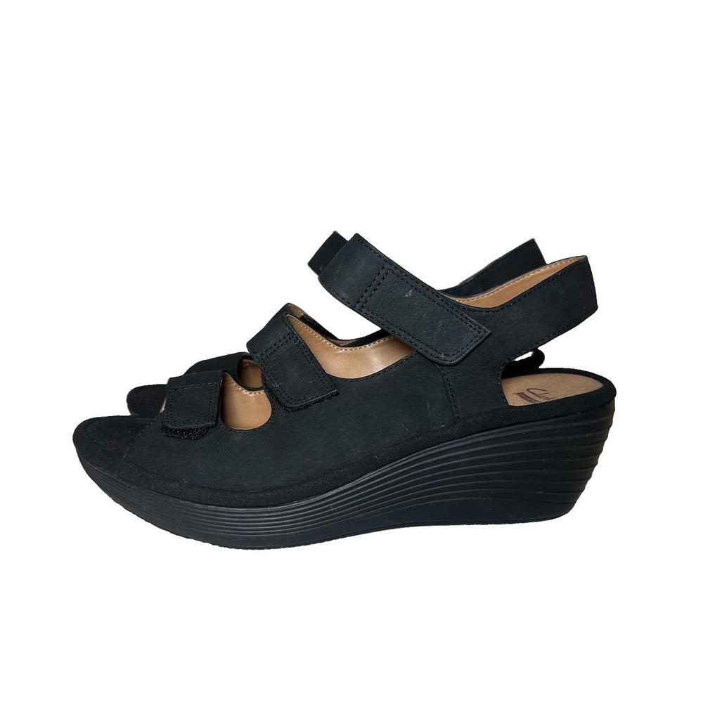 Clarks Women's 9.5 WIDE Reedly Juno Black Leather Wedge Sandals Platform Suede